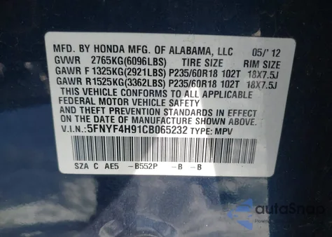 2012 Honda Pilot Touring z USA, uszkodzony, nr VIN 5FNYF4H91CB065232